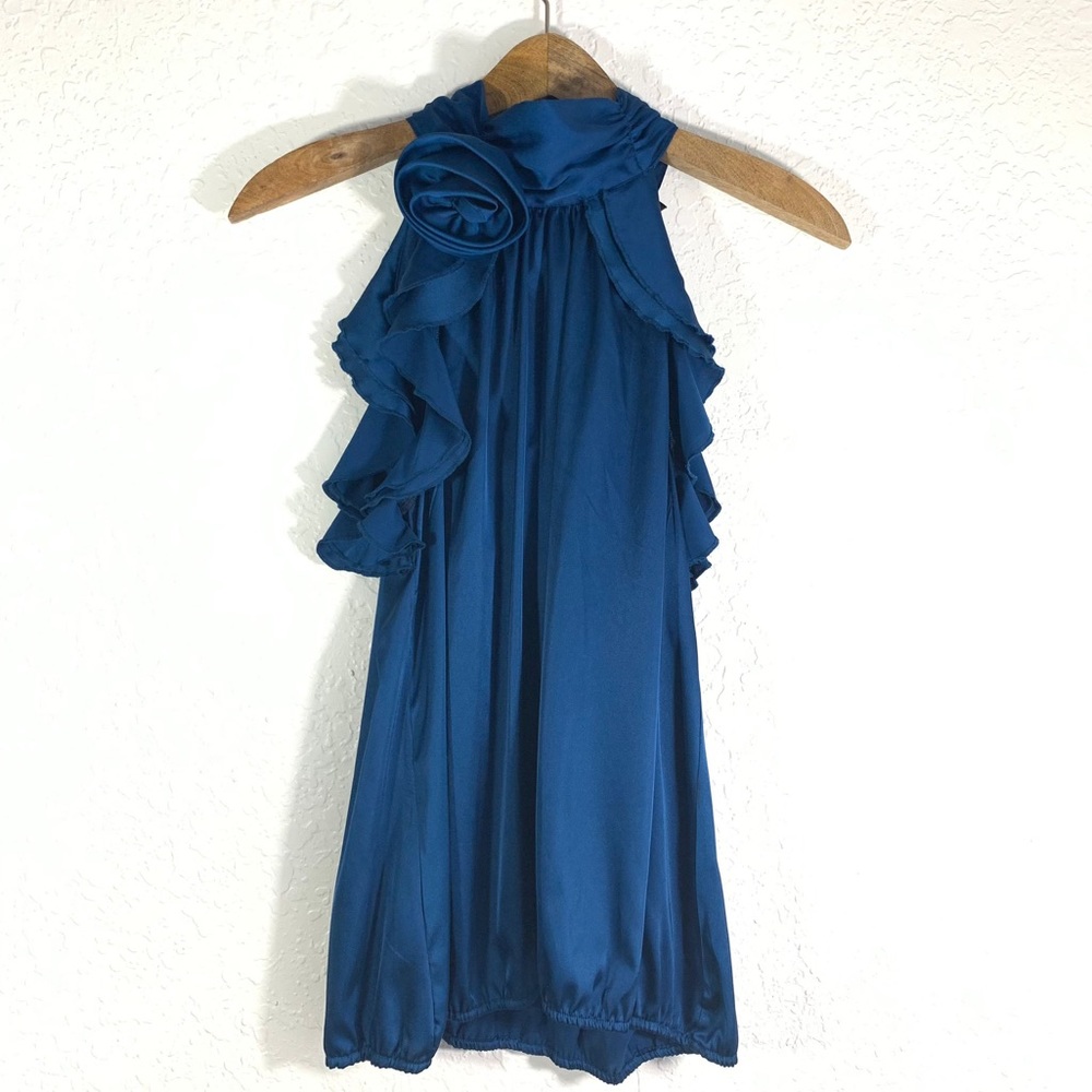 Avenue Blue Satin Ruffled Halter Top